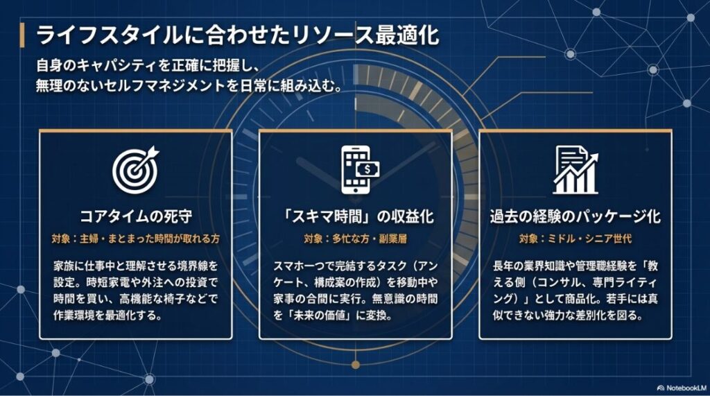 主婦、副業層、ミドル・シニア世代それぞれに向けた時間の活用方法と戦略をまとめた資料。