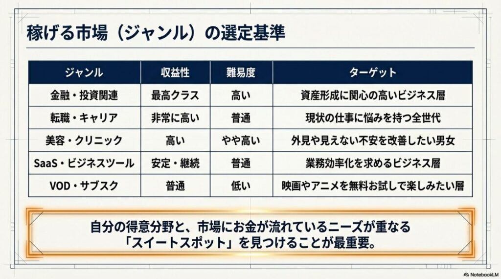 金融、転職、美容、SaaS、VODなどの収益性と難易度、ターゲット層を比較した一覧表です