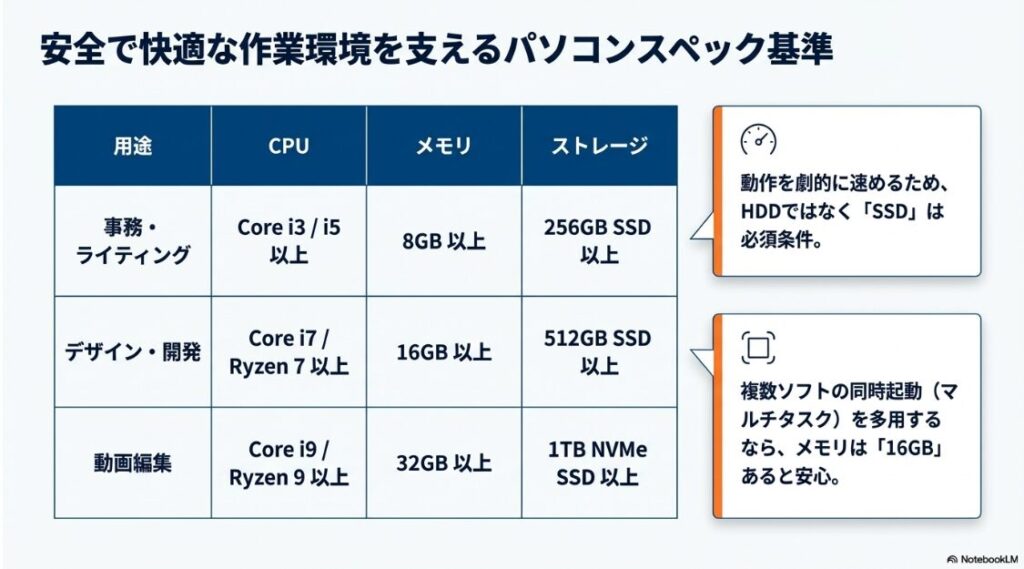 事務・ライティング、デザイン、動画編集の用途別に、Core i5やi7、メモリ8GBや16GB、SSDの容量などの推奨スペックをまとめた表。
