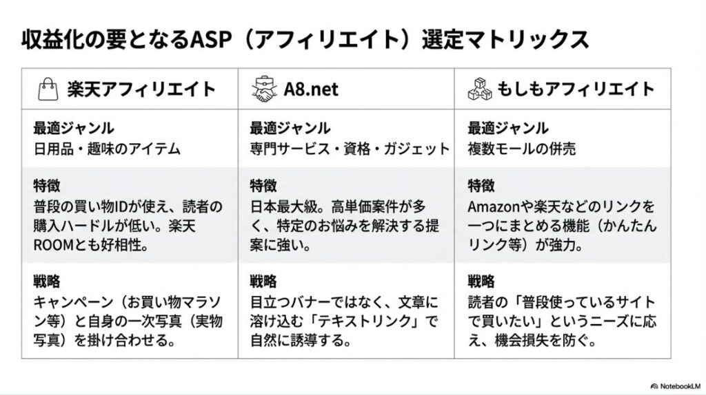 楽天、A8.net、もしもアフィリエイトの3大サービスを比較し、各特徴をまとめた比較表