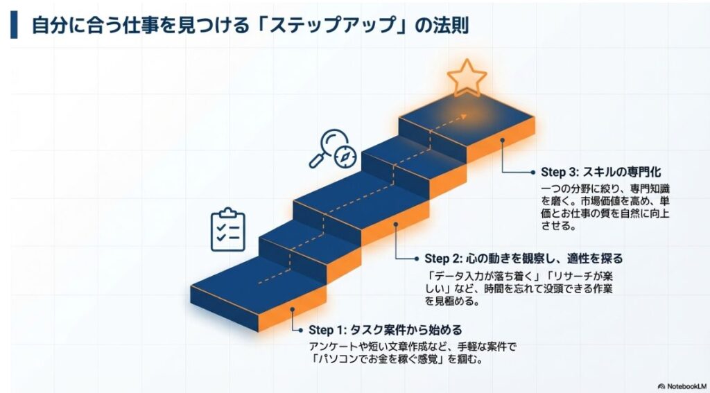在宅ワークを軌道に乗せるための3段階の成長プロセスを示した階段状の図。ステップ1としてタスク案件からの開始、ステップ2として適性の観察、ステップ3としてスキルの専門化による市場価値の向上を解説している 。