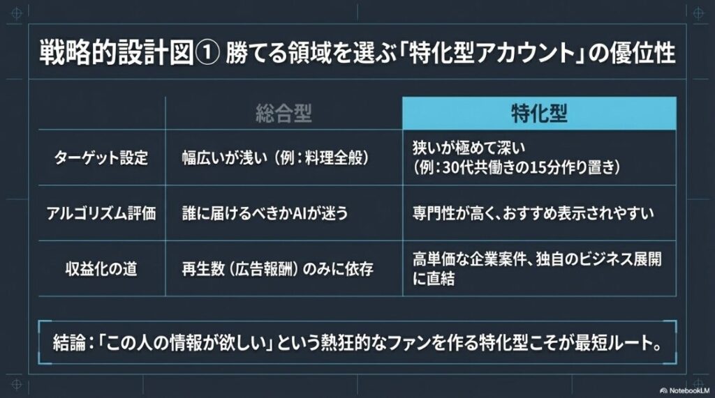 ターゲット設定やアルゴリズム評価の違いを総合型と特化型で比較し、熱狂的なファンを作る優位性を説くスライドです 。