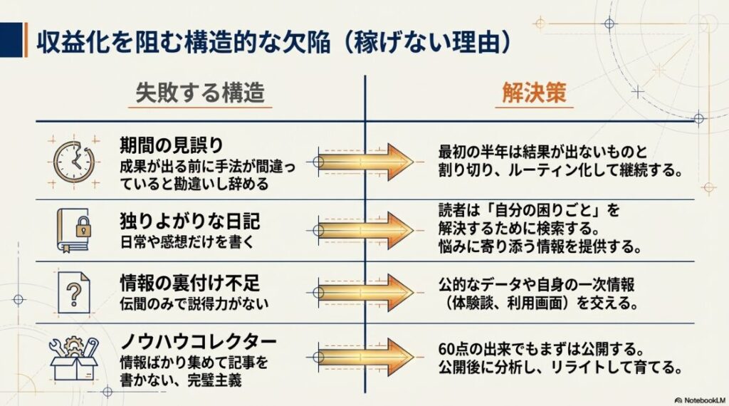 期間の見誤りや日記ブログといった失敗構造と、それに対する具体的な解決策を対比させたリストです