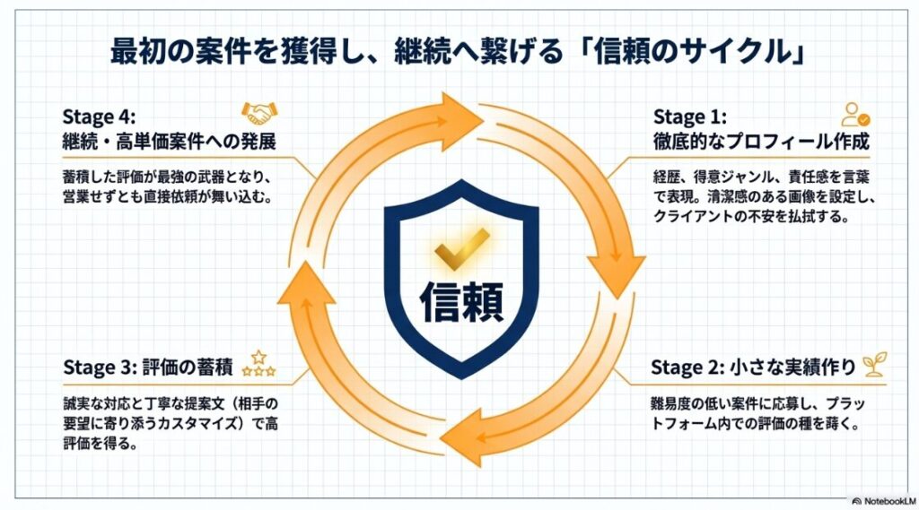 最初の案件から継続依頼へと繋げるための信頼のサイクルを4つのステージで描いた円環図。プロフィールの作成から始まり、実績作り、評価の蓄積を経て、直接依頼が舞い込む継続・高単価案件への発展を目指す流れを視覚化している 。