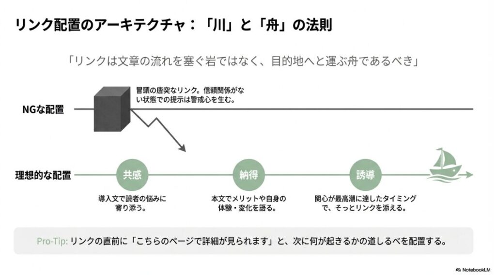 読者の共感から納得、誘導へと繋げる、自然でクリックされやすい理想的なリンク配置の図解