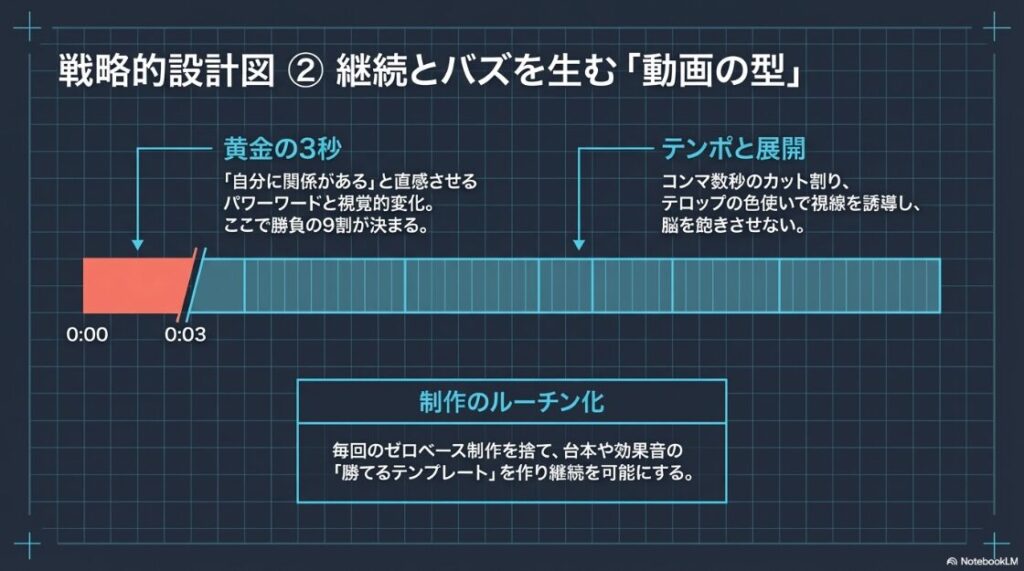 黄金の3秒による興味付けやテンポと展開、制作のルーチン化をタイムライン形式で示した図解画像です 。