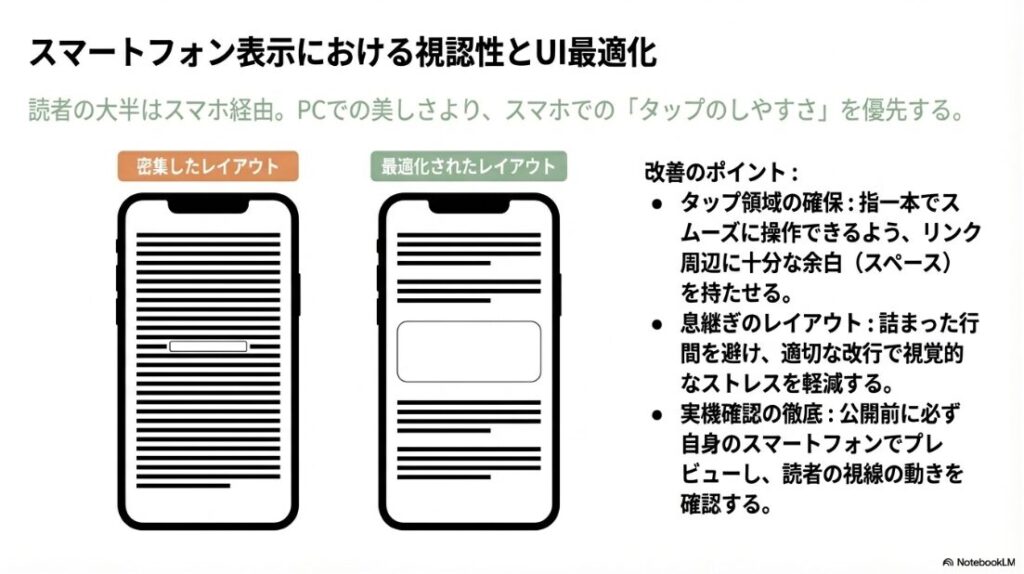 タップ領域の確保や適切な余白により、スマホユーザーのストレスを軽減するレイアウトの比較画像