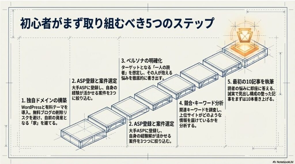 ドメイン構築、案件選定、ペルソナ明確化、競合分析、記事執筆という一連の手順を視覚化したものです