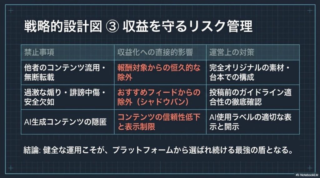 コンテンツの無断転載や安全性を欠く表現が収益化に与える悪影響を整理し、オリジナル素材の使用やガイドライン適合確認などの具体的な対策をまとめた表形式のスライドです。