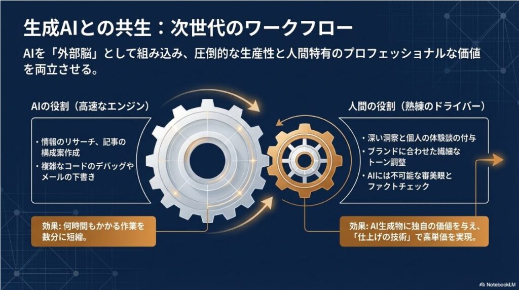 AIを高速なエンジン、人間を熟練のドライバーに例えて役割分担を解説した図。