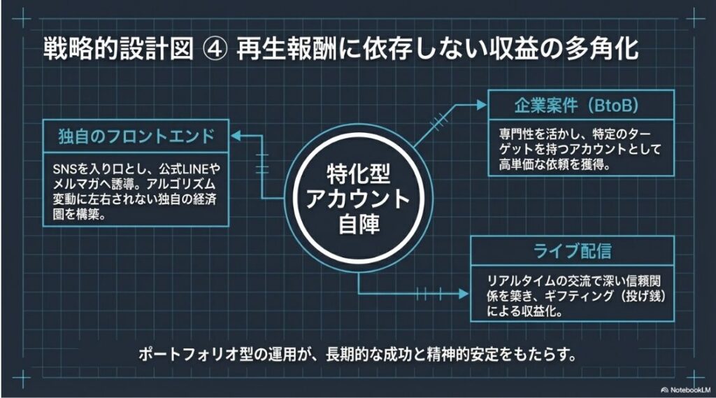 特化型アカウントを拠点とし、フロントエンド、企業案件、ライブ配信を組み合わせたポートフォリオ型運用の全体図です 。