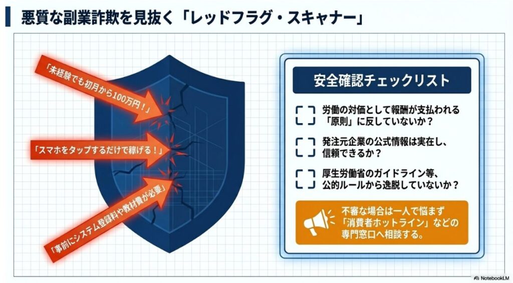 悪質な副業詐欺を見抜くためのレッドフラグ・スキャナー。未経験で初月から100万円といった不自然な高額報酬や事前費用の請求に注意を促し、労働の対価の原則や公的ガイドラインへの準拠を確認するチェックリストを提示している 。
