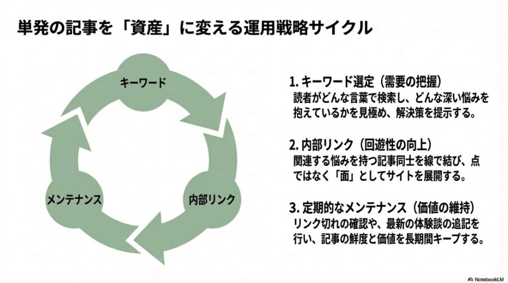 キーワード選定、内部リンク、定期的なメンテナンスを回して記事を資産へと育てる仕組みの図解