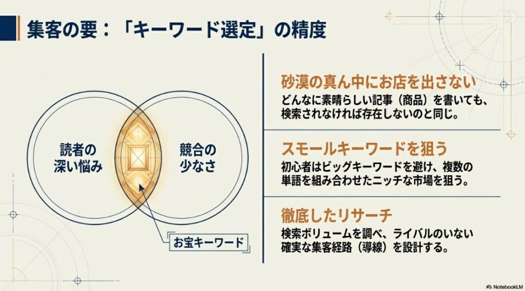 読者の深い悩みと競合の少なさが重なる「お宝キーワード」の概念と集客経路の設計を説明する図解です