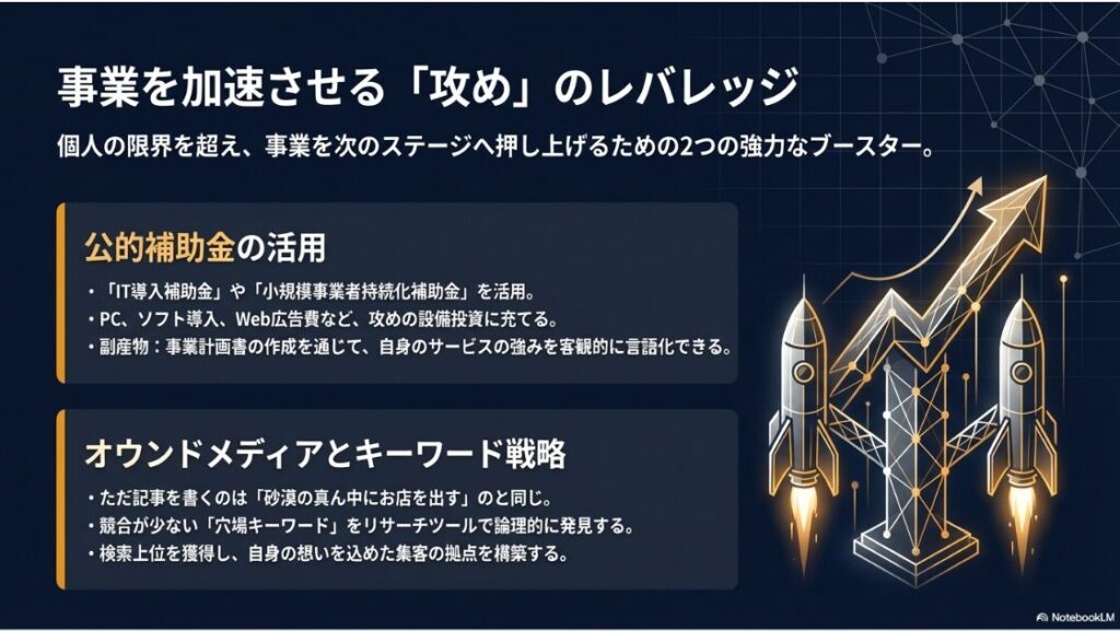 公的補助金の活用と、オウンドメディア・キーワード戦略という2つの強力なブースターの解説。