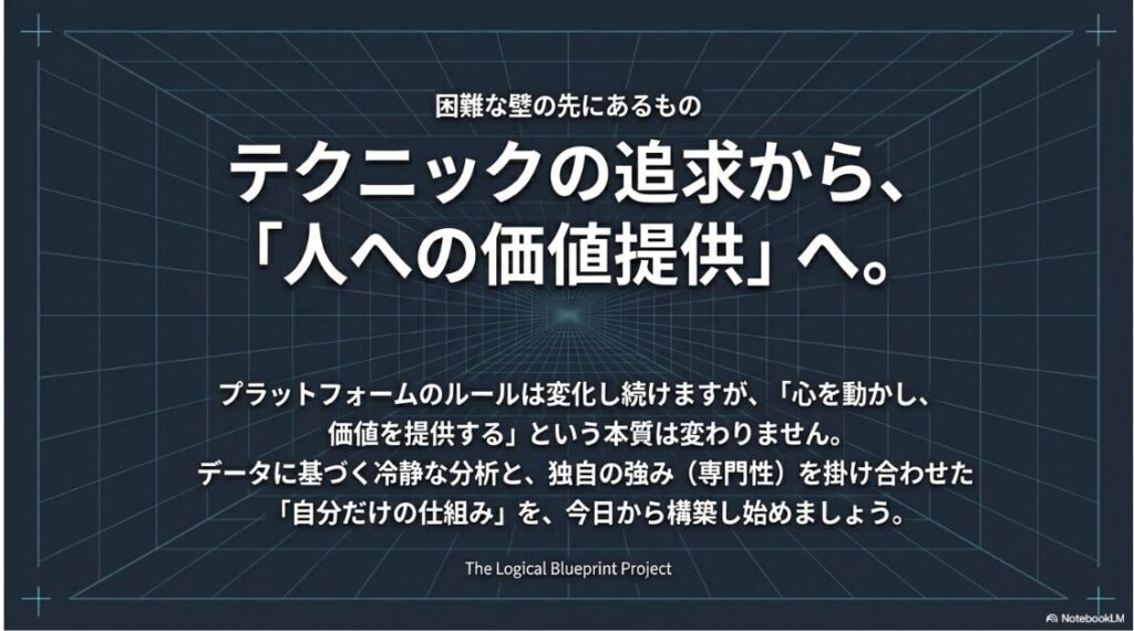 テクニックの追求から人への価値提供への転換を促し、独自の仕組み構築を推奨するメッセージスライドです 。