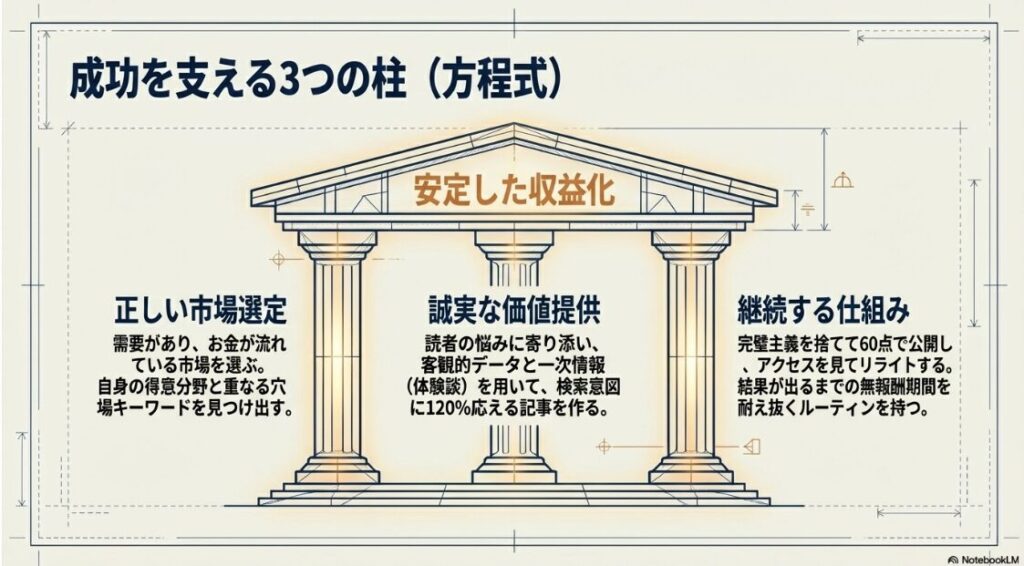 正しい市場選定、誠実な価値提供、継続する仕組みという安定収益を支える土台を視覚化した画像です