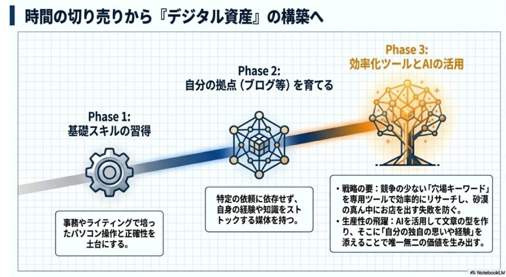労働を資産に変える3つのフェーズを示した遷移図。基礎スキルの習得から始まり、ブログ等の自分の拠点を育て、最終的に効率化ツールとAIを活用して独自価値を生み出し、特定依頼に依存しない体制を築く道のりを示している 。